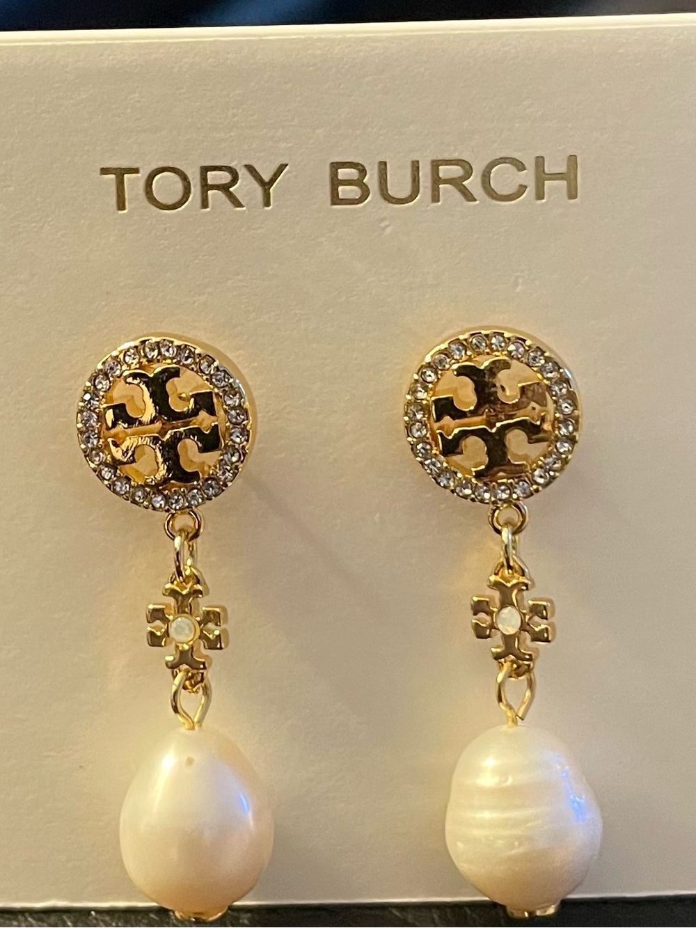 Tory Burch Gold and Cream Pearl Drop Earrings - Picture 2 of 2